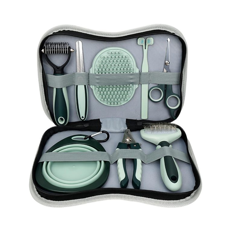 مجموعة العناية بالقطط والكلاب مكونة من 8 قطع من تيريفي، تتضمن مقص اظافر ومبرد للحيوانات الاليفة وفرشاة ذاتية التنظيف لازالة تساقط الشعر وفرشاة فك تشابك الشعر وفرشاة شامبو وفرشاة اسنان ووعاء للحيوانات