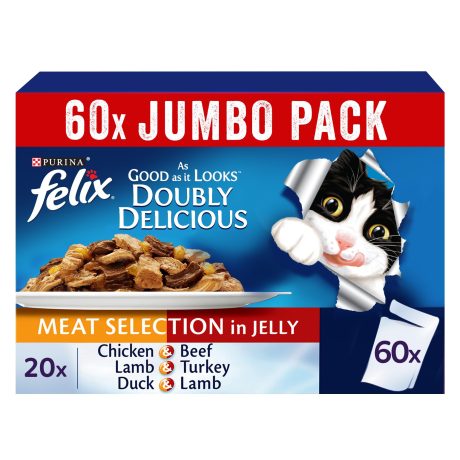 مجموعة طعام القطط فيليكس از جود از ات لوك دوبلي ديليشوس من اللحوم المختارة مع الجيلي من بيورينا، عبوة ترويجية (85 جم) (50+10 مجانا)