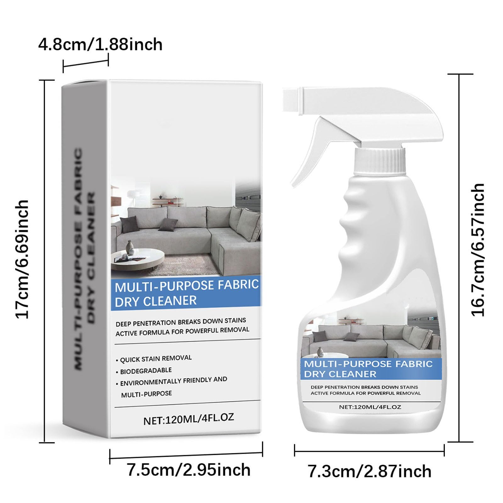 مزيل البقع للسجاد، بخاخ منظف للبقع والروائح الكريهة 120 مل للاريكة والاريكة واقمشة الاثاث، مزيل للقماش والكنبة وتنظيف الاريكة