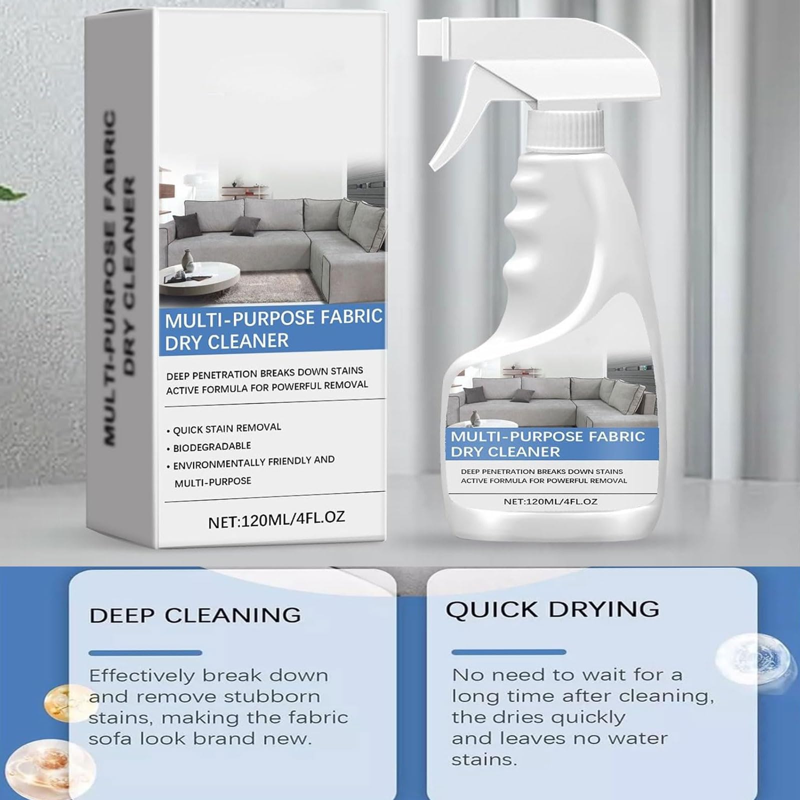 مزيل البقع للسجاد، بخاخ منظف للبقع والروائح الكريهة 120 مل للاريكة والاريكة واقمشة الاثاث، مزيل للقماش والكنبة وتنظيف الاريكة