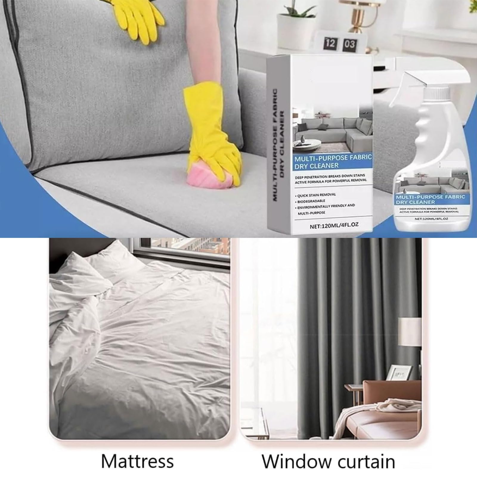 مزيل البقع للسجاد، بخاخ منظف للبقع والروائح الكريهة 120 مل للاريكة والاريكة واقمشة الاثاث، مزيل للقماش والكنبة وتنظيف الاريكة