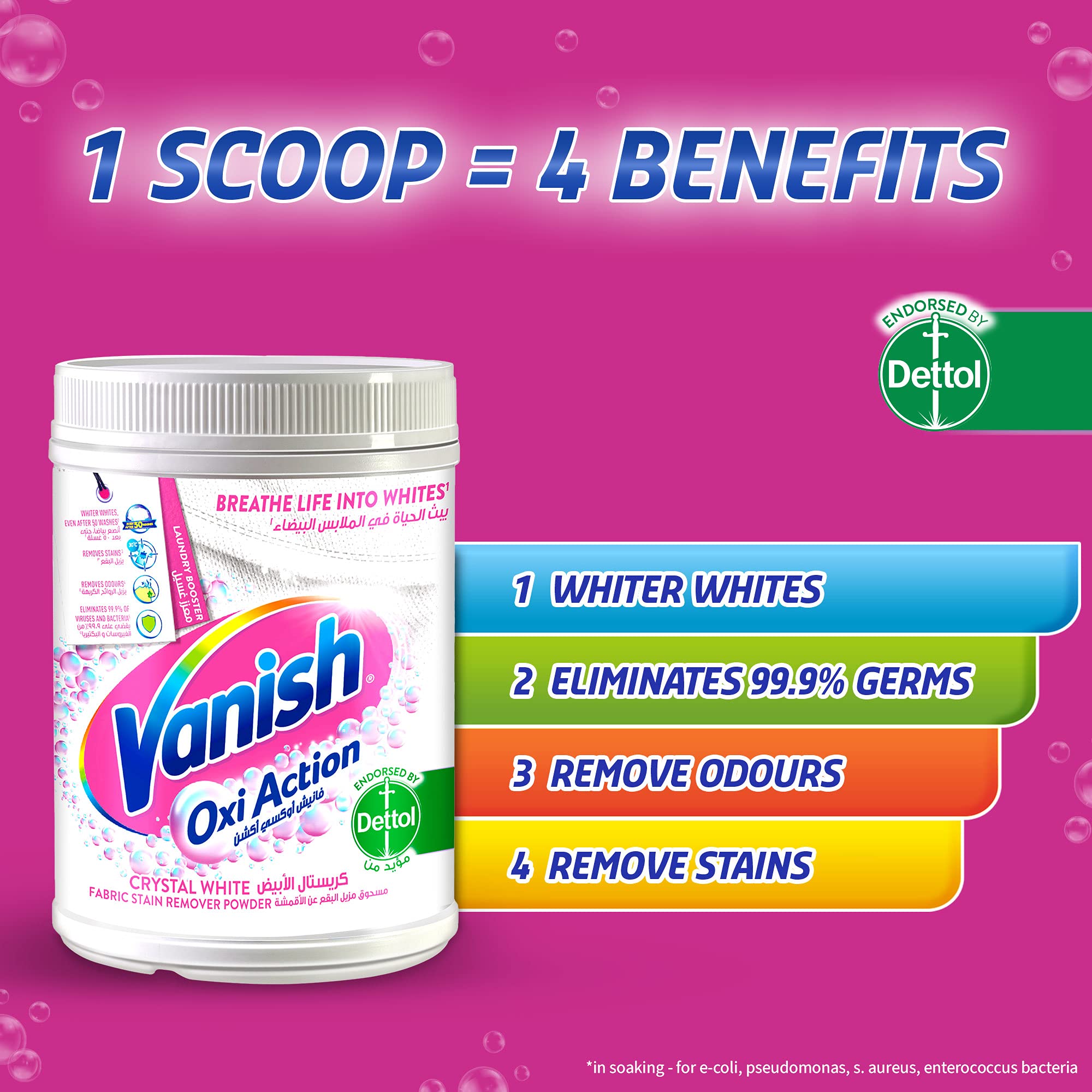 مسحوق ڤانيش أوكسي أكشن كريستال وايت لإزالة بقع القماش مع مغرفة ، مثالي للاستخدام في الغسالة الكهربائية ، 450 جم، 450.0 جمات