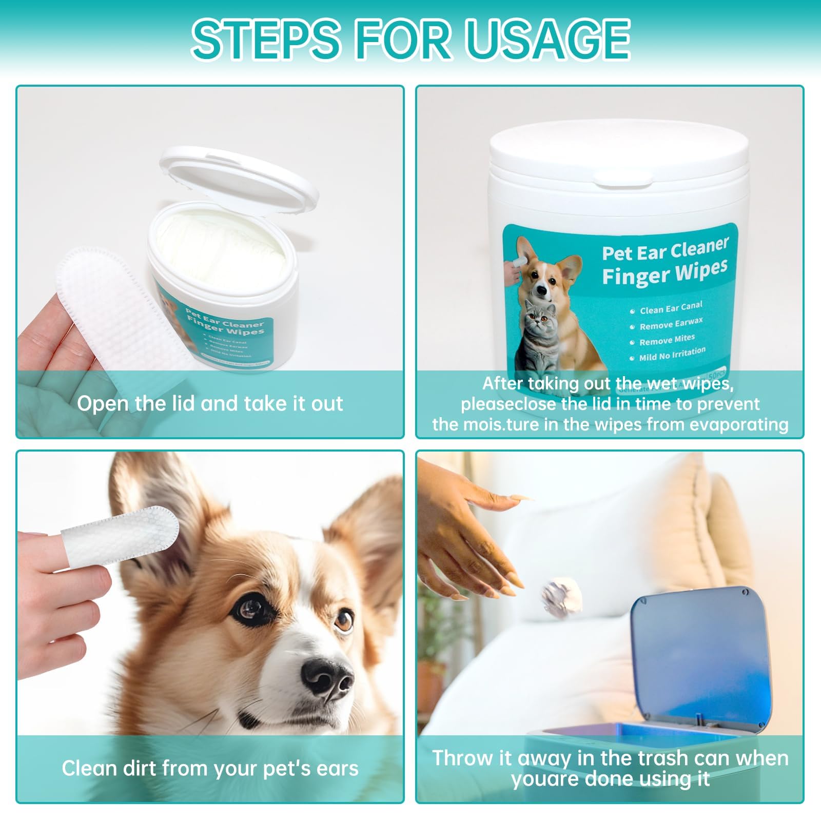 مناديل مبللة لاذن الكلاب وسادات اصابع لتنظيف الاذن للكلاب والقطط للاستعمال مرة واحدة قابلة للتحلل البيولوجي لازالة شمع تمنع الرائحة الكريهة وحكة اذن ناعمة وسريعة وسهلة، من نالاكال
