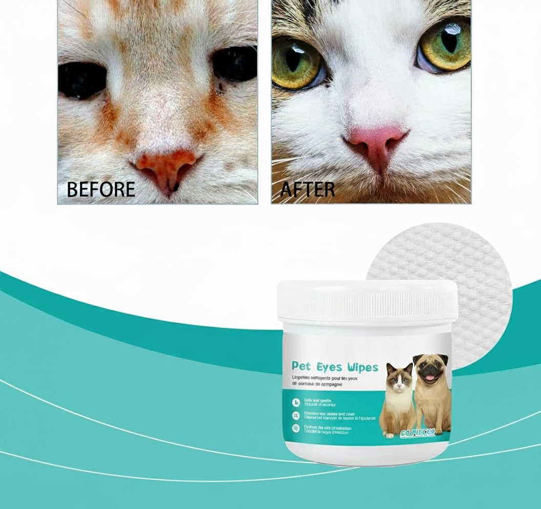 مناديل مبللة لازالة بقع عين القطة للكلاب والقطط - 60 قطعة من وسادات تنظيف عيون الحيوانات الاليفة لبقع الدموع والمخاط والتفريغ والعناية اليومية للجراء والقطط الصغيرة والسلالات