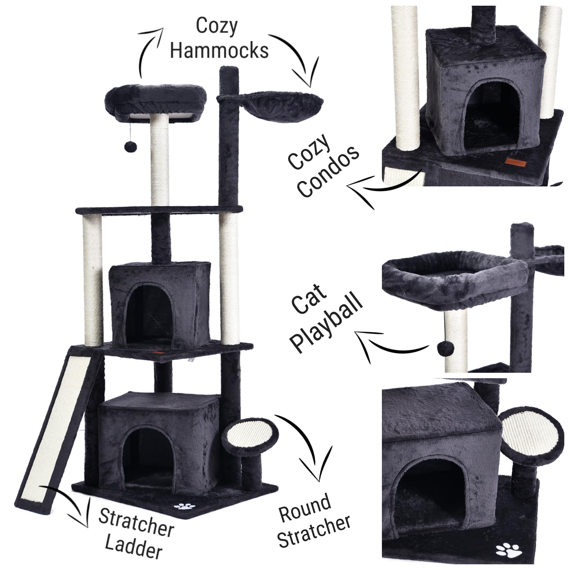 منزل قطط بتصميم عصري على شكل شجرة بأسرة وخدوش، مقاس 156 سم، منزل قطط متعدد المستويات للأماكن الداخلية للقطط الصغيرة والقطط مع عمود سيزال، أرجوحة بيت للقطط المتسلقة (لون رمادي داكن)