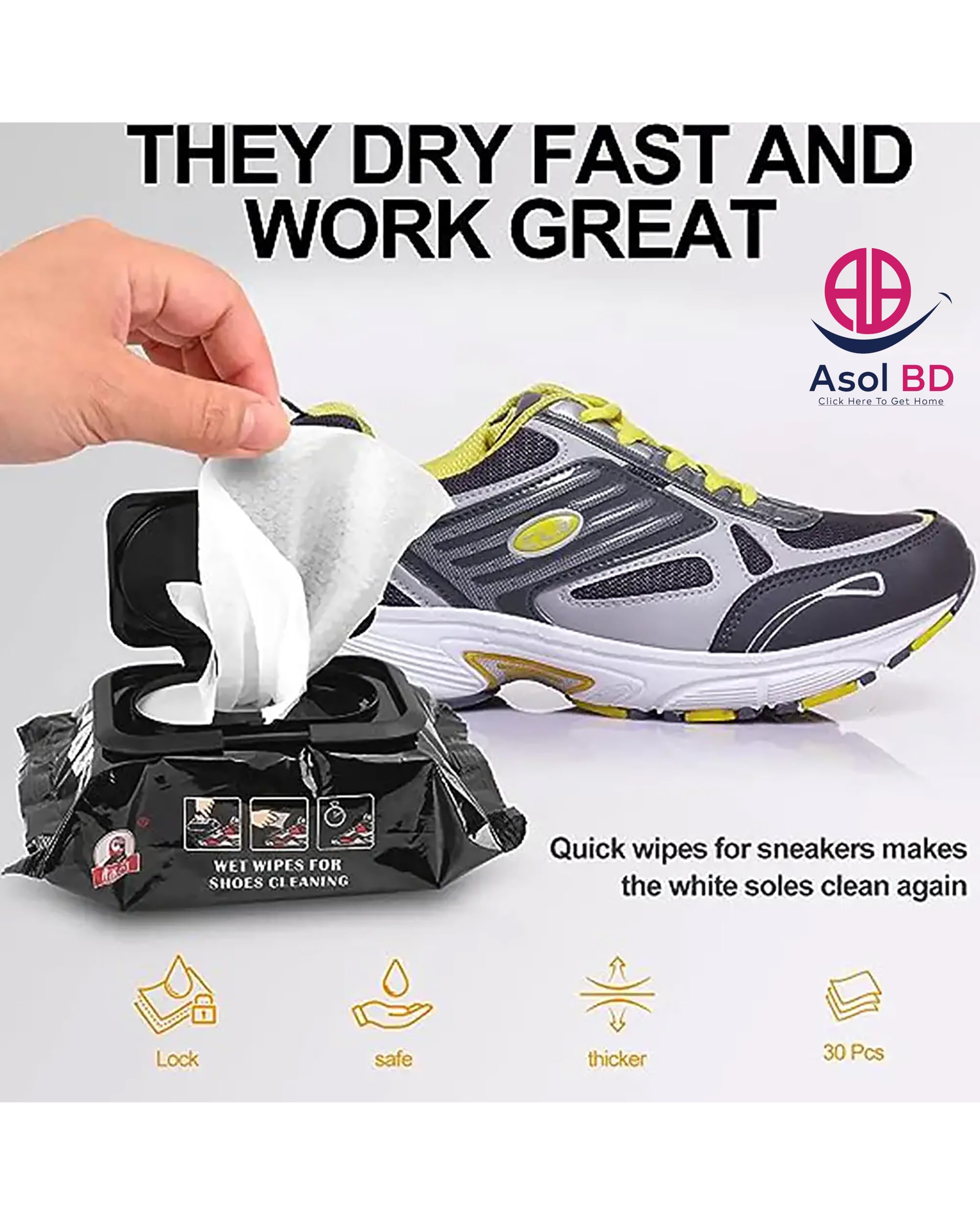منظف الاحذية من اسول بي دي، مناديل مبللة للاحذية الرياضية، مناديل سريعة للاستعمال مرة واحدة للسفر، محمولة تزيل الاوساخ والبقع، طبيعية، منظف احذية كبير جدا لتنظيف الاحذية بسرعة