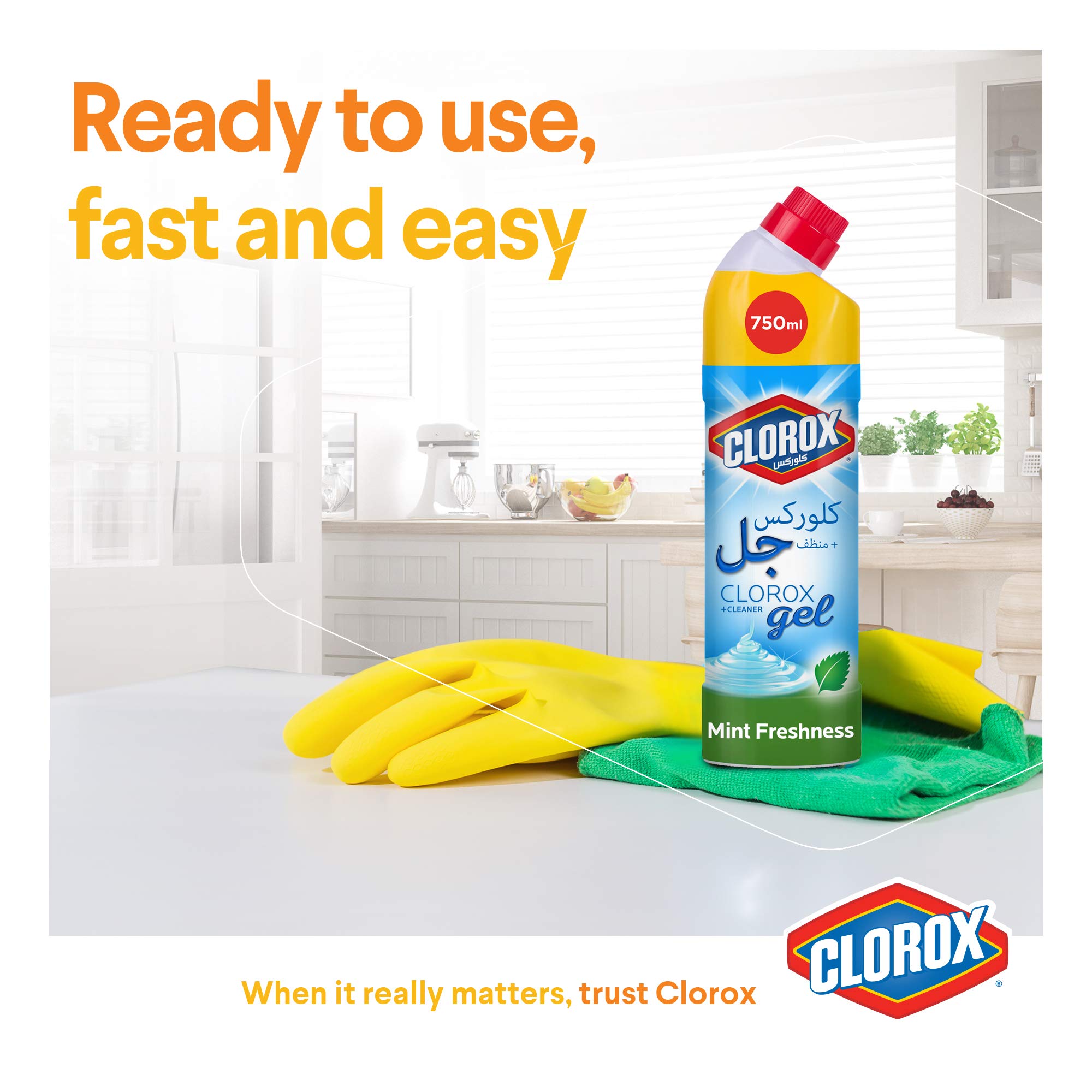 منظف مطهر جل مبيض متعدد الاغراض يقتل 99.9% من الجراثيم والفيروسات برائحة النعناع المنعشة، 750 مل