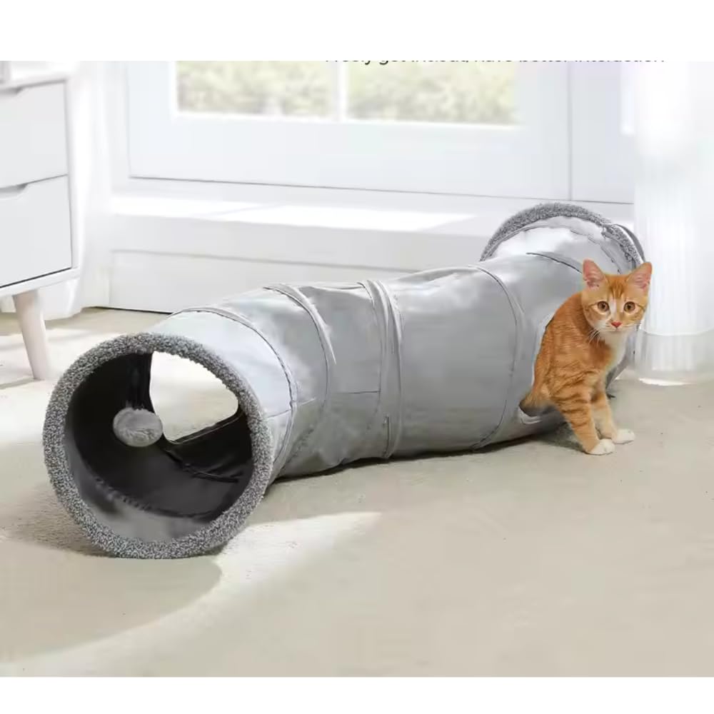 نفق للقطط في الاماكن المغلقة - نفق قابل للطي من الشامواه الرمادي للحيوانات الاليفة مع فتحتين وكرة فقاعية، انبوب لعبة للقطط ومنزل كاتكهف