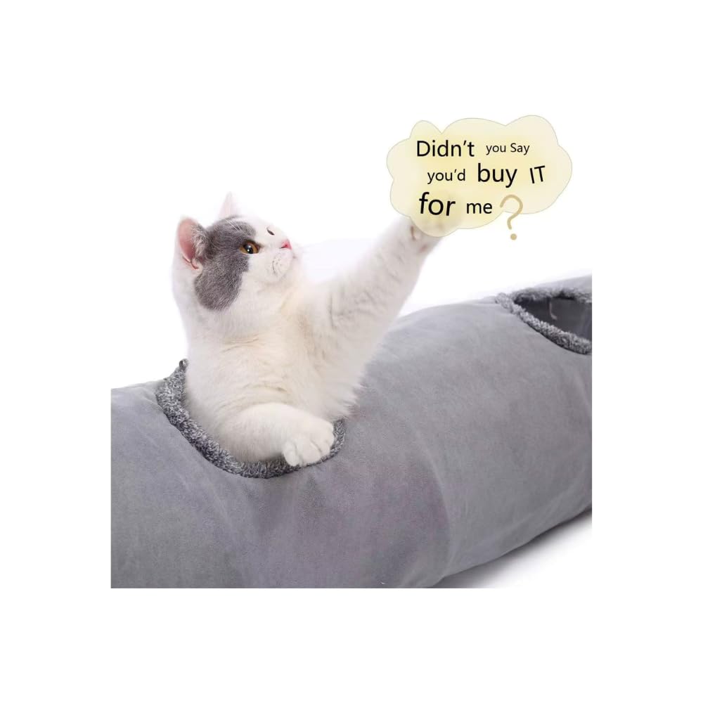 نفق للقطط في الاماكن المغلقة - نفق قابل للطي من الشامواه الرمادي للحيوانات الاليفة مع فتحتين وكرة فقاعية، انبوب لعبة للقطط ومنزل كاتكهف