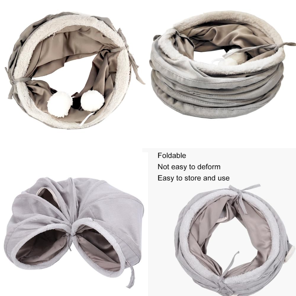 نفق للقطط في الاماكن المغلقة - نفق قابل للطي من الشامواه الرمادي للحيوانات الاليفة مع فتحتين وكرة فقاعية، انبوب لعبة للقطط ومنزل كاتكهف