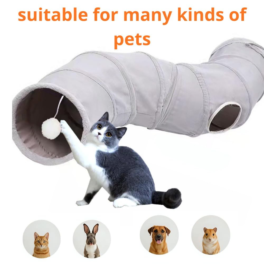 نفق للقطط في الاماكن المغلقة - نفق قابل للطي من الشامواه الرمادي للحيوانات الاليفة مع فتحتين وكرة فقاعية، انبوب لعبة للقطط ومنزل كاتكهف