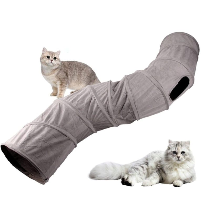 نفق للقطط في الاماكن المغلقة - نفق قابل للطي من الشامواه الرمادي للحيوانات الاليفة مع فتحتين وكرة فقاعية، انبوب لعبة للقطط ومنزل كاتكهف