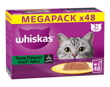 ويسكاس أكل قطط رطب، التونا بالجيلي، عبوة من 48 × 80غ، طعام قطط رطب للقطط البالغة بعمر سنة فما فوق، تغذية كاملة ومتوازنة