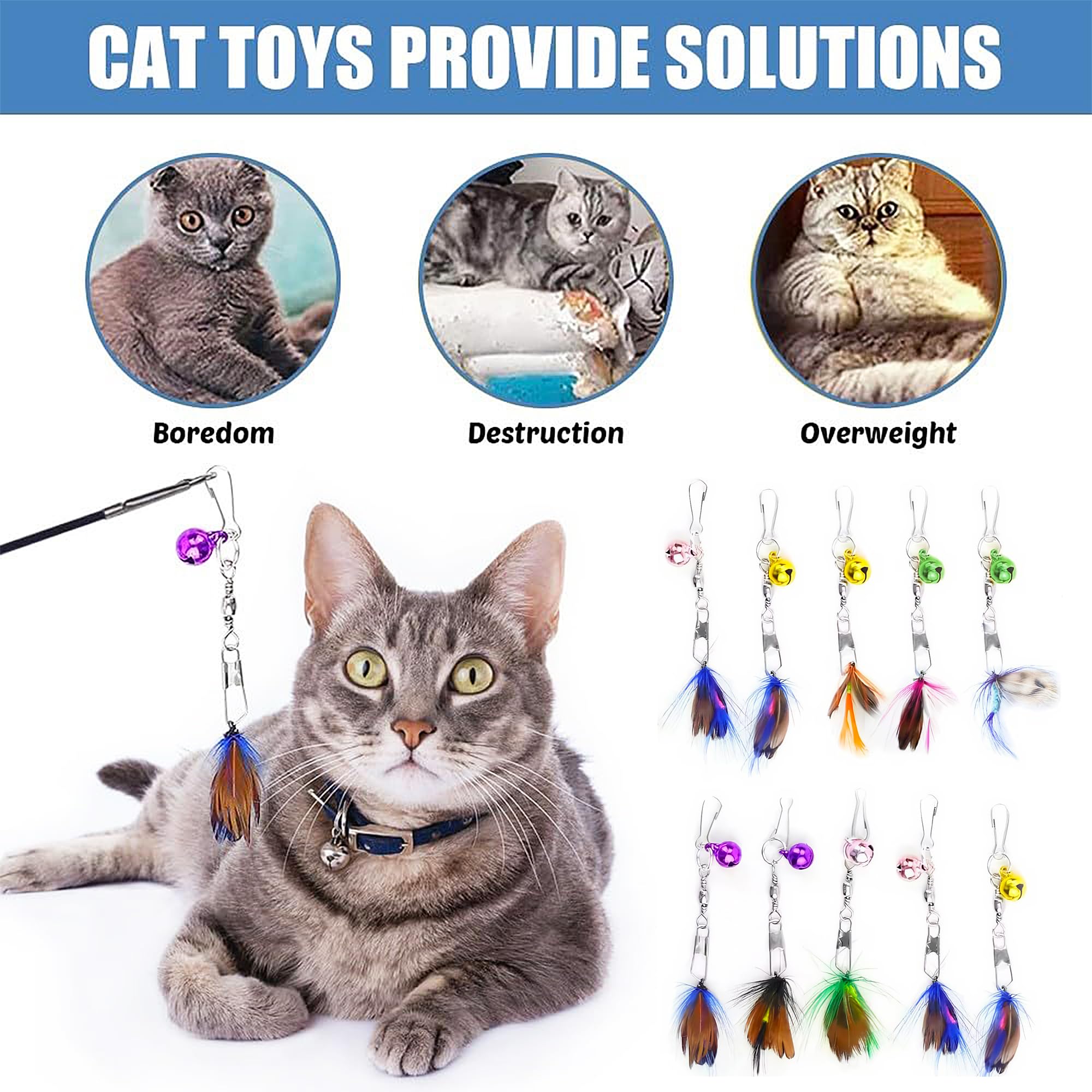 10 قطع من عصا تشويق القطط التفاعلية اللطيفة من تي اس دبليو سي بي واي واي ال بي، العاب ريشة بديلة مع اجراس