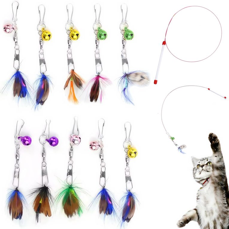 10 قطع من عصا تشويق القطط التفاعلية اللطيفة من تي اس دبليو سي بي واي واي ال بي، العاب ريشة بديلة مع اجراس