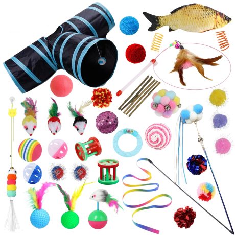 40 قطعة من العاب القطط الصغيرة، انفاق قطط قابل للطي ثلاثي الاتجاهات للقطط الداخلية، ماوس تفاعلي، عصا القطط، كرات الغولف الريش، سمكة النعناع البري، الفأر، كرة جرس قطيفة، كرات ملونة