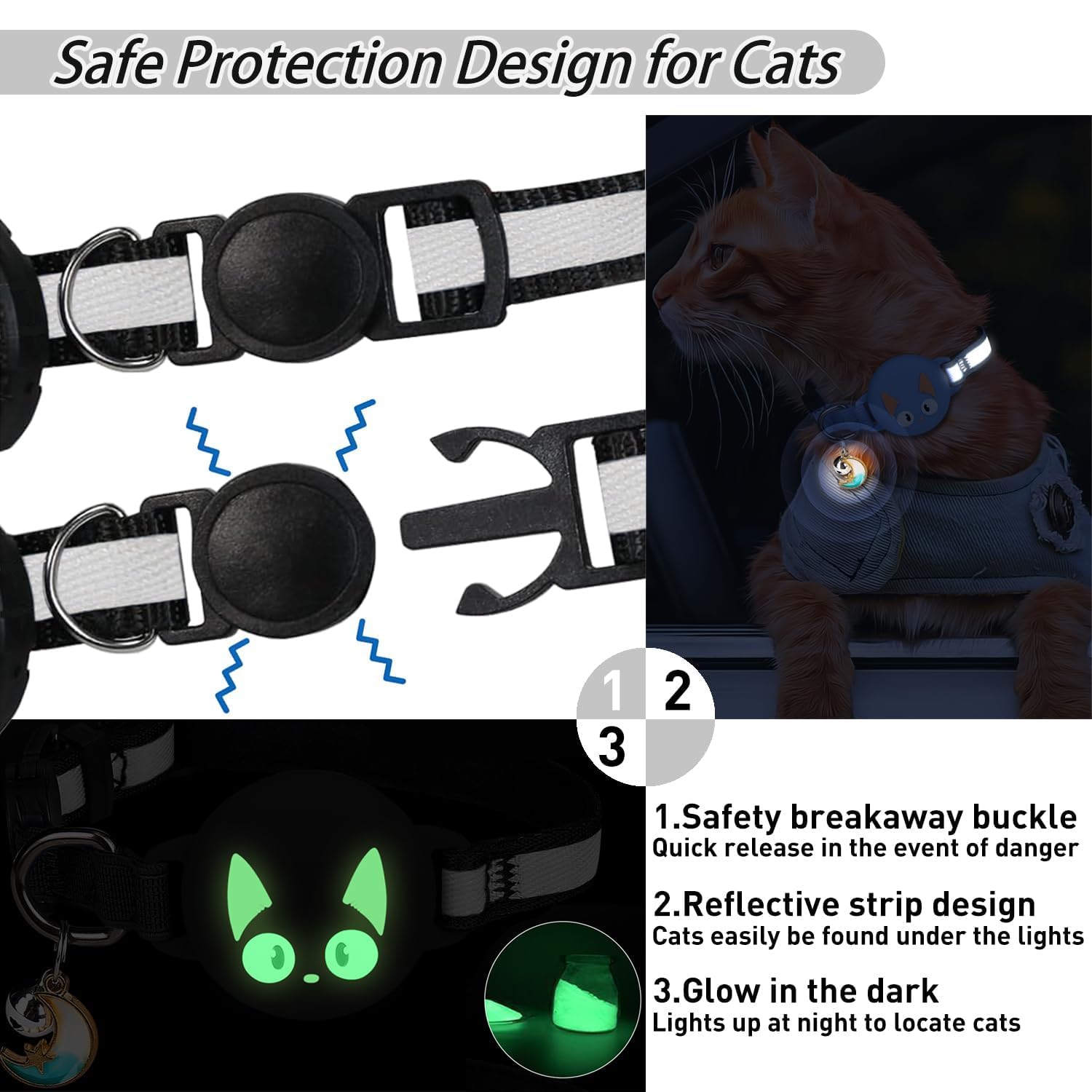 Aputue Cat Collar, Black Breakaway Reflective Safety Collar with Adjustable Strap, Compatible with Tracker for Indoor Outdoor Cats, Pet Tracking Collar with Bell for Small Medium Felines