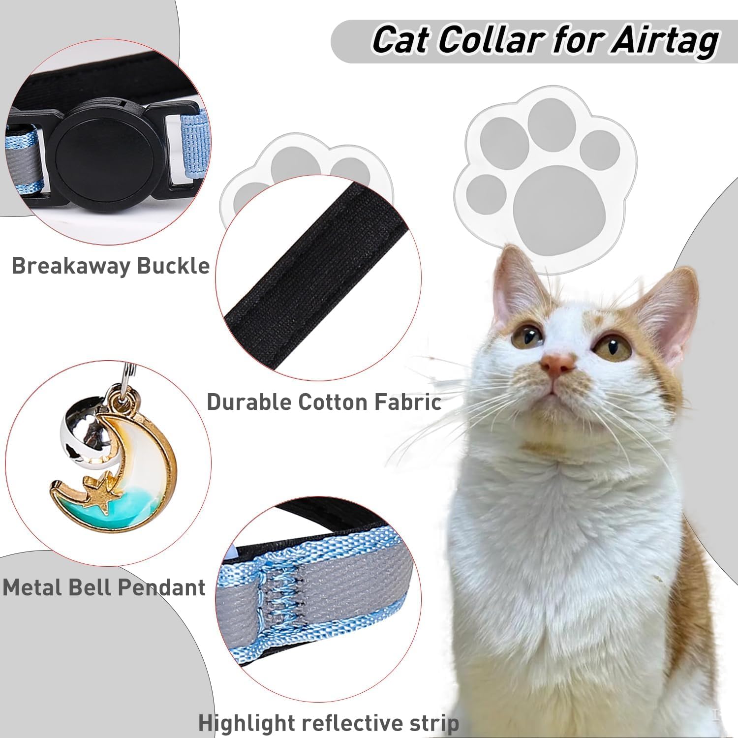 Aputue Cat Collar, Black Breakaway Reflective Safety Collar with Adjustable Strap, Compatible with Tracker for Indoor Outdoor Cats, Pet Tracking Collar with Bell for Small Medium Felines