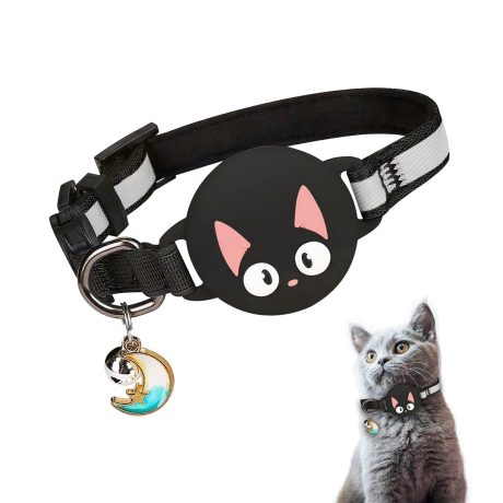 Aputue Cat Collar, Black Breakaway Reflective Safety Collar with Adjustable Strap, Compatible with Tracker for Indoor Outdoor Cats, Pet Tracking Collar with Bell for Small Medium Felines