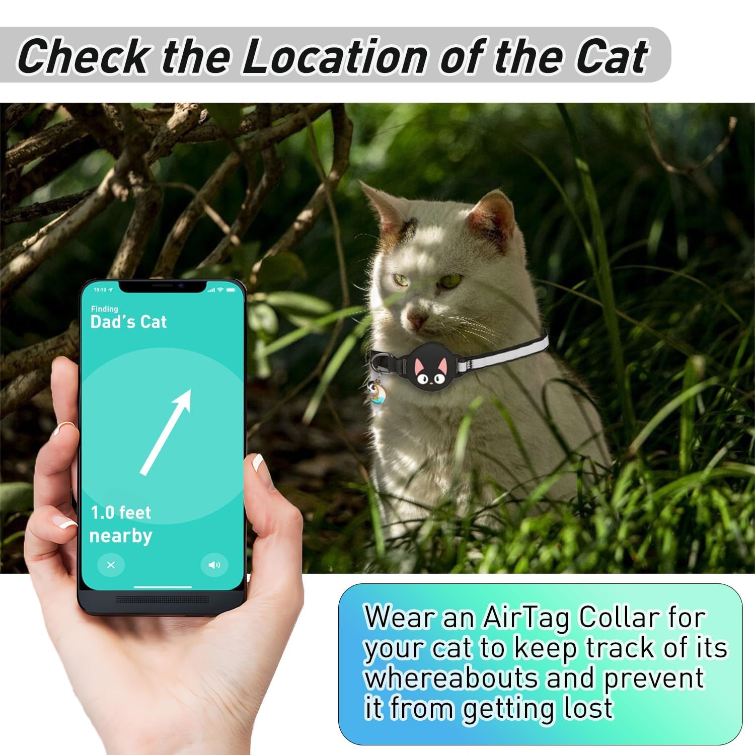 Aputue Cat Collar, Black Breakaway Reflective Safety Collar with Adjustable Strap, Compatible with Tracker for Indoor Outdoor Cats, Pet Tracking Collar with Bell for Small Medium Felines