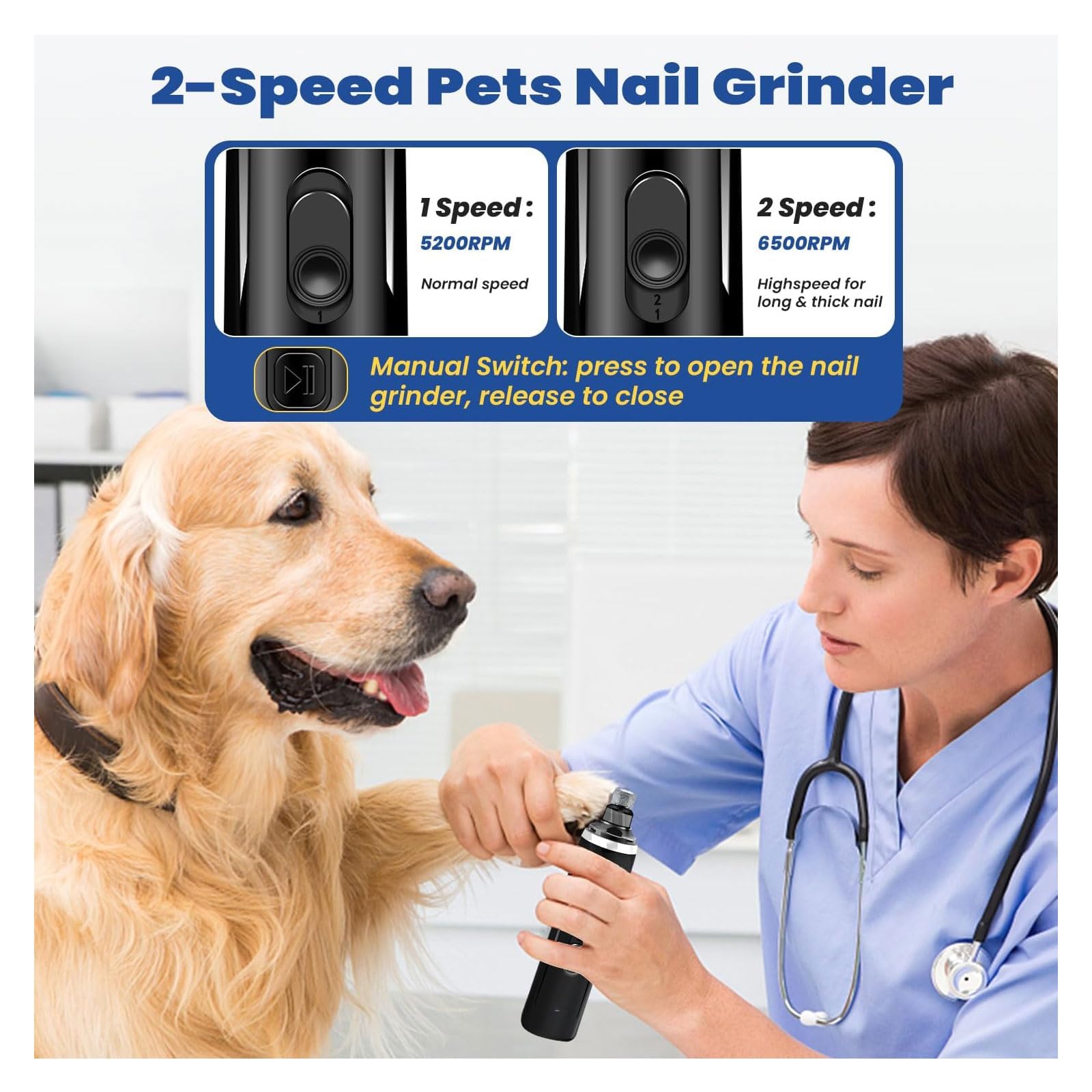 اداة تشذيب اظافر كهربائية للحيوانات الاليفة مع مقص ومبرد للكلاب والقطط قوية فائقة الهدوء بدون الم مصباحين LED قصافة الحيوانات قابلة لاعادة الشحن من اكسيفور