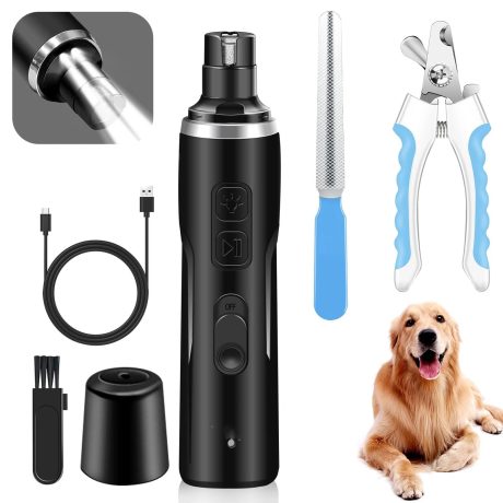 اداة تشذيب اظافر كهربائية للحيوانات الاليفة مع مقص ومبرد للكلاب والقطط قوية فائقة الهدوء بدون الم مصباحين LED قصافة الحيوانات قابلة لاعادة الشحن من اكسيفور