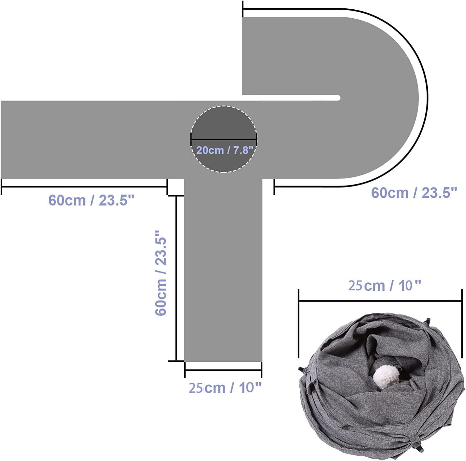 ارابيست نفق قطط، انبوب نفق كبير قابل للطي 3 اتجاهات للحيوانات الاليفة مع كرة قطيفة، نفق لعب للقطط على شكل حرف U للقطط الداخلية والجراء والقطط الصغيرة والارانب (رمادي)