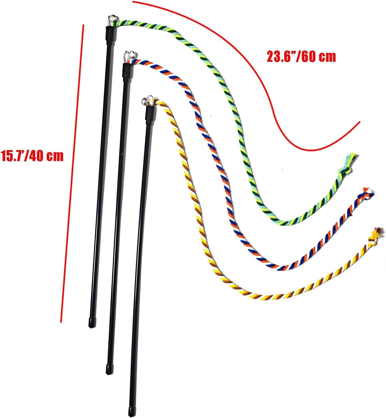 العاب عصا تفاعلية للقطط من اكس سبرينج، 3 قطع من عصي تشويق القطط الملونة مع جرس، العاب خيط حبل متينة للعب في الاماكن المغلقة، عصا ريشة تفاعلية للقطط الصغيرة والقطط البالغة