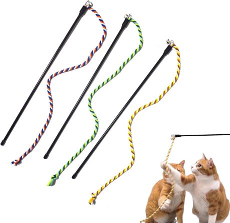 العاب عصا تفاعلية للقطط من اكس سبرينج، 3 قطع من عصي تشويق القطط الملونة مع جرس، العاب خيط حبل متينة للعب في الاماكن المغلقة، عصا ريشة تفاعلية للقطط الصغيرة والقطط البالغة