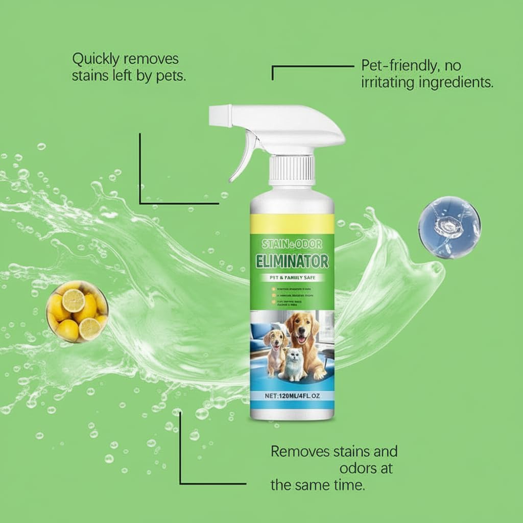 بخاخ قوي لازالة الروائح الكريهة للحيوانات الاليفة - تركيبة انزيمية متطورة لبول الكلاب والقطط، مزيل دائم للبقع والروائح للسجاد والاثاث والارضيات (رائحة منعشة، امن للحيوانات الاليفة والاطفال)