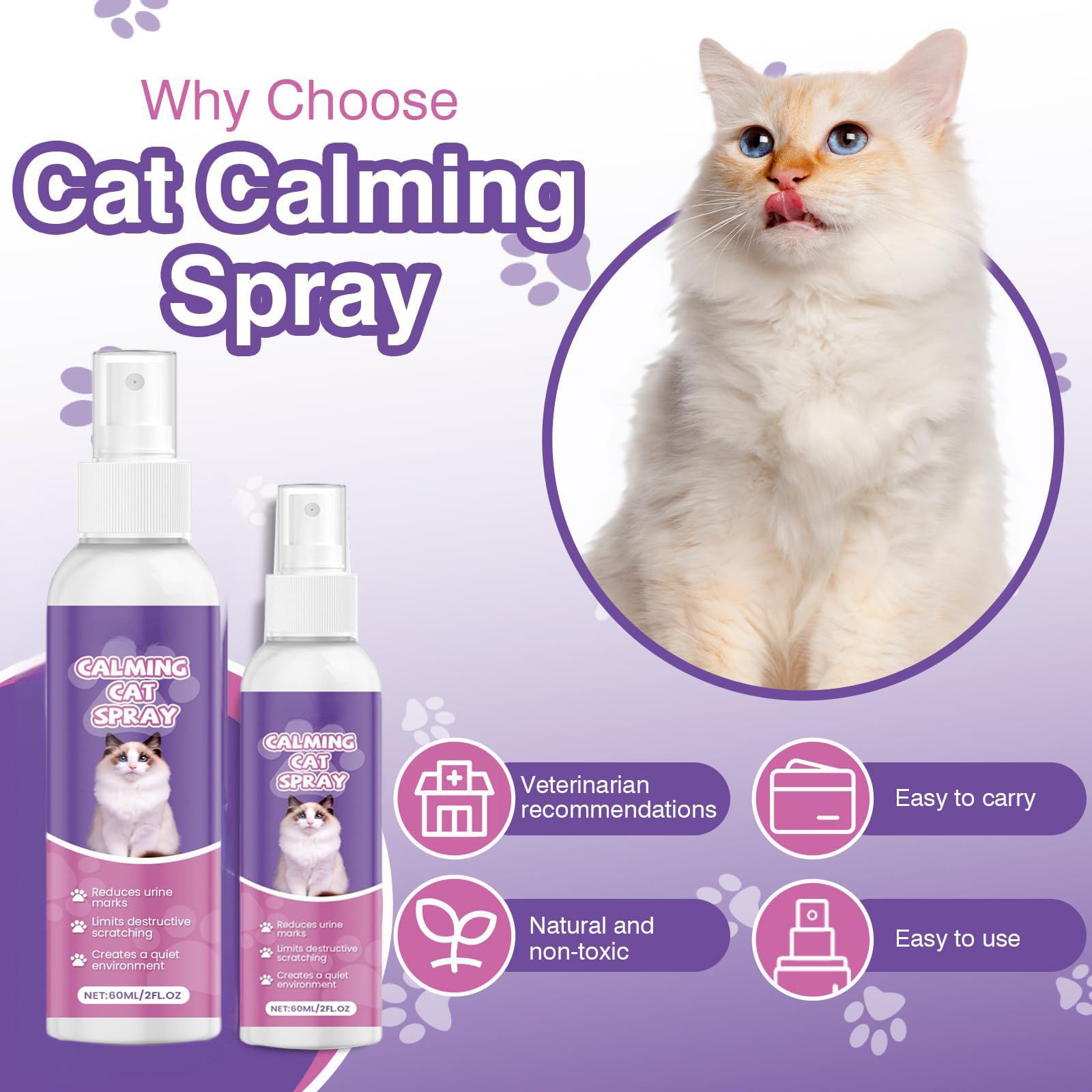 بخاخ مهدئ للقطط يقلل من التوتر والقلق والخدش والاختباء للسفر المنزلي والقطط وزيارات الطبيب البيطري، يقلل من خدش الاثاث، بخاخ مهدئ للحيوانات الاليفة من قطعتين