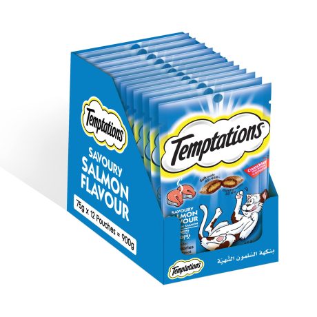 تيمبتايشن مكافآت قطط مع السلمون اللذيذ، 75 جرام تريت قطط، مقرمشة من الخارج، طرية من الداخل، مكافأة الدجاج