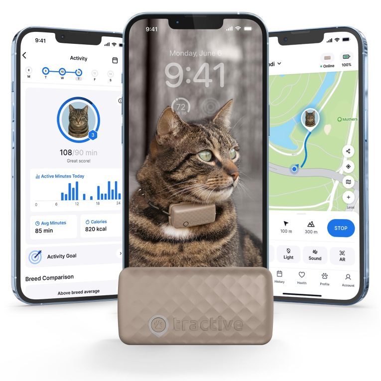 جهاز تتبع ذكي لتحديد المواقع للقطط من تراكتيف | مراقبة الموقع والعافية في الوقت الحقيقي للقطط 6 باوند فما فوق | سجل المناطق والمواقع | بطارية تصل الى 5 ايام | طوق قابل للفصل متضمن (بني)