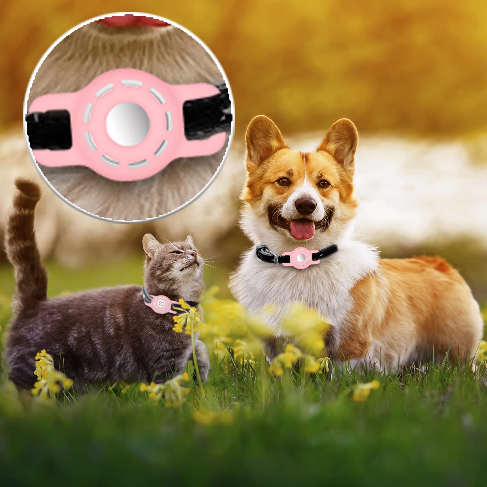 حافظة جهاز تحديد المواقع من السيليكون متوافقة مع حامل ابل ايرتاج لطوق الكلاب والقطط عبوة قطعتين حافظات التتبع القطط والكلاب واقي شاشة لون سي اي-زهري