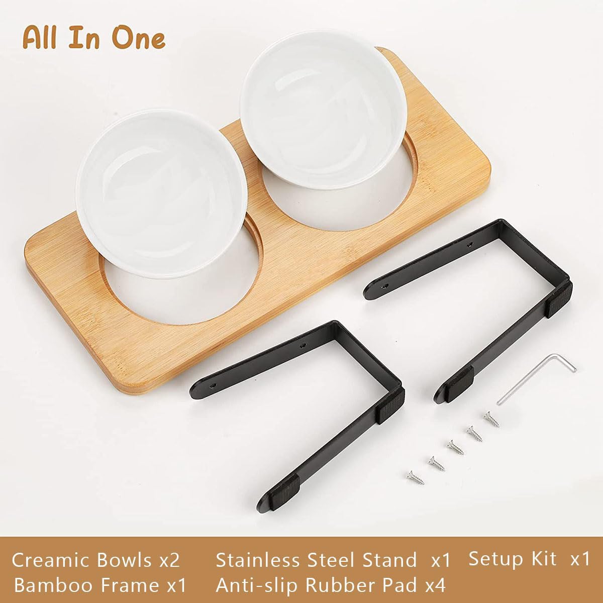 حامل وطاولة تغذية من الخيزران للقطط في الأماكن المغلقة بتصميم مدمج مع وعائين طعام من السيراميك غير قابلين للانزلاق بتصميم مائل بزاوية 15 درجة لحماية العمود الفقري والرقبة والظهر للحيوانات الأليفة