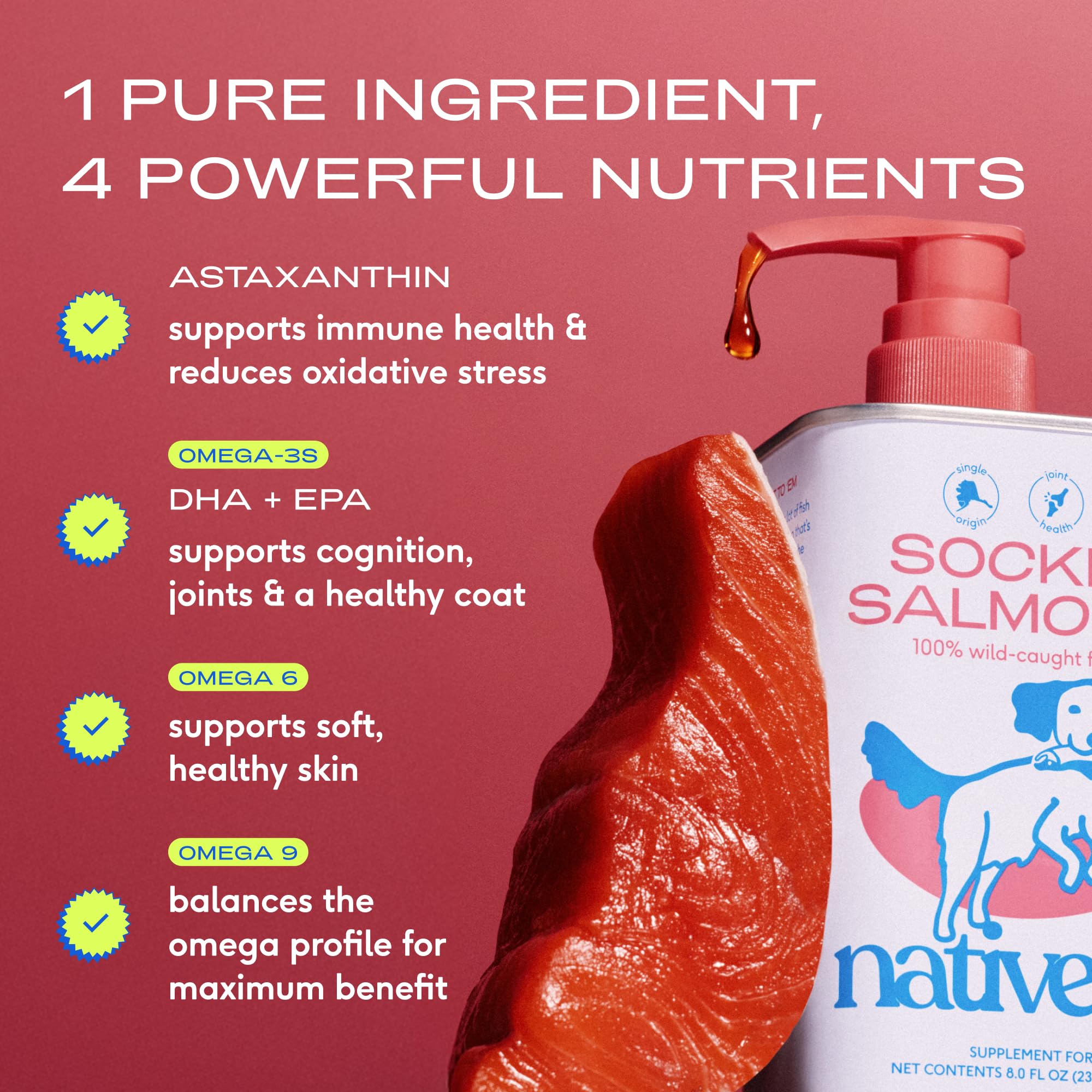 زيت سمك السالمون للكلاب والقطط نقي غني بأوميغا 3 لدعم صحة الجلد والفرو والمفاصل والقلب مضاد طبيعي للالتهابات للكلاب مصنوع من سلمون سوكي آلاسكي بري بنسبة 100% من ناتيف بيت، عبوة 236 مل