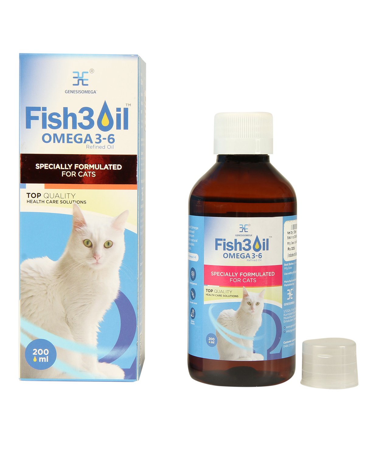 زيت فيش 3 اويل 3-6 للقطط من جينيسيسوميغا - مناعة ومعطف لامع، معزز للنمو الافضل - مكمل غذائي بالفيتامينات ومضادات الأكسدة