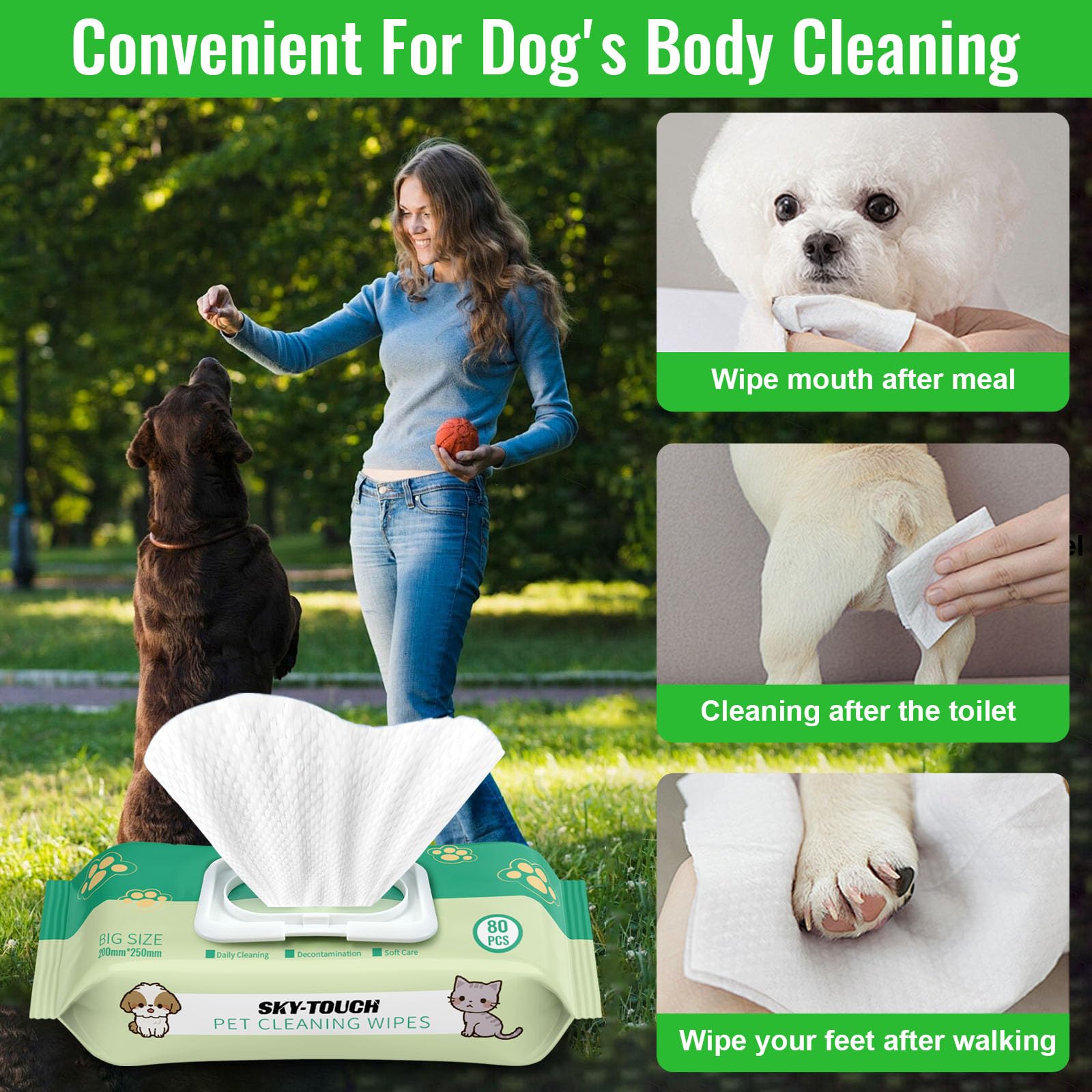 سكاي-تاتش مناديل مبللة للكلاب من 160 قطعة للعناية بالحيوانات الاليفة والقطط لكامل الجسم العين للاذن الكفوف والمؤخرة غير معطرة عبوة قطعتين