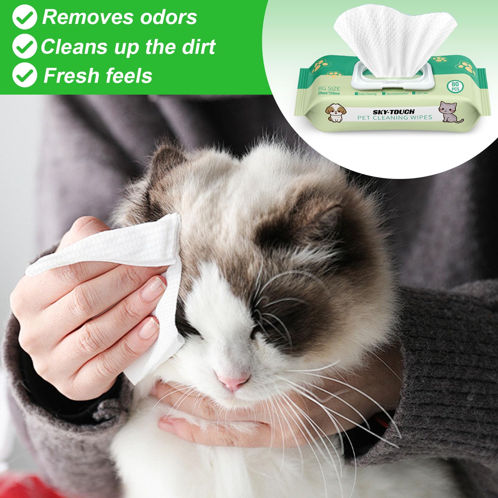 سكاي-تاتش مناديل مبللة للكلاب من 160 قطعة للعناية بالحيوانات الاليفة والقطط لكامل الجسم العين للاذن الكفوف والمؤخرة غير معطرة عبوة قطعتين