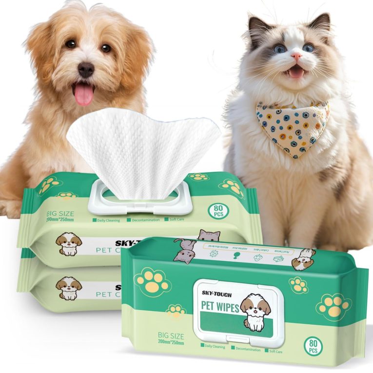 سكاي-تاتش مناديل مبللة للكلاب من 160 قطعة للعناية بالحيوانات الاليفة والقطط لكامل الجسم العين للاذن الكفوف والمؤخرة غير معطرة عبوة قطعتين