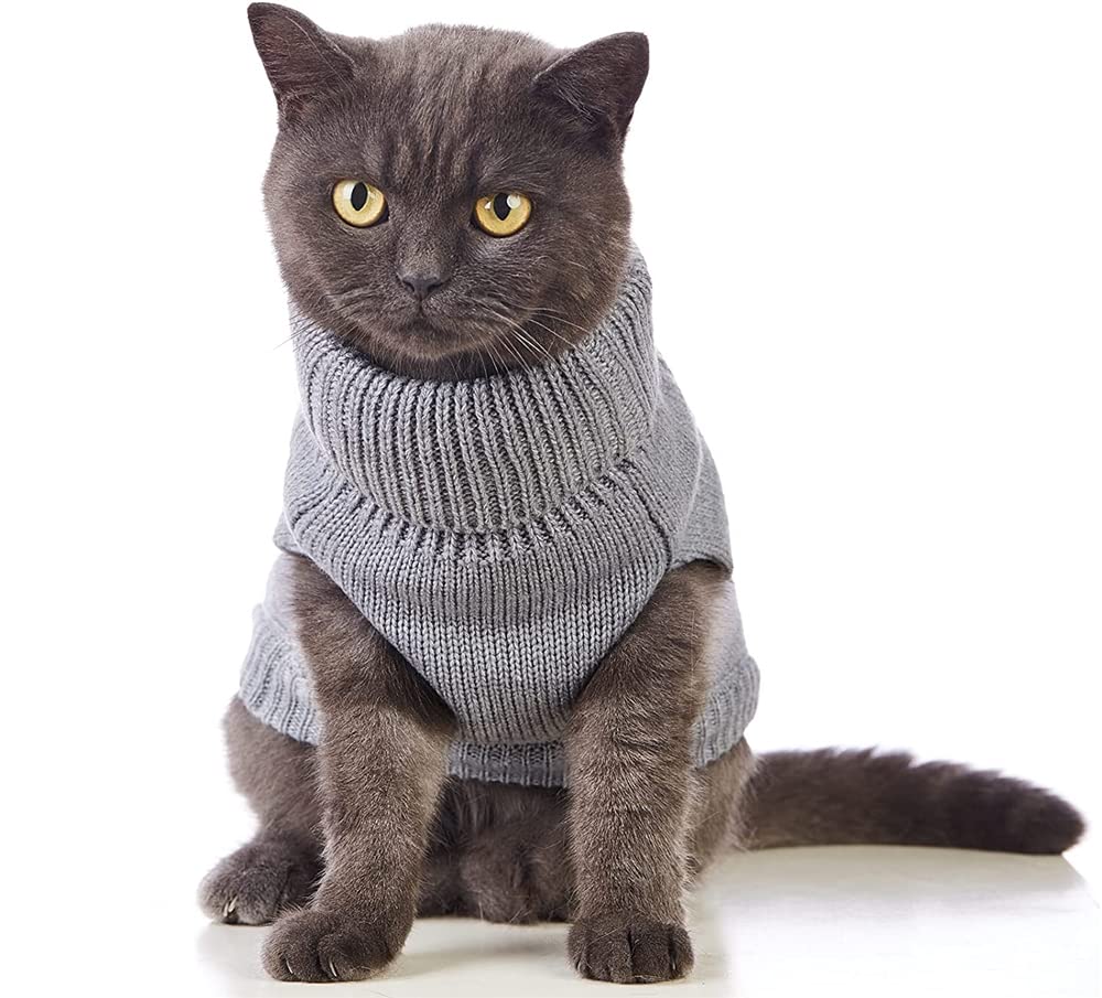 سويتر محبوك للقطط، سترة محبوكة برقبة دائرية مطوية بدون أكمام، ملابس تدفئة شتوية للقطط أو الكلاب الصغيرة في موسم البرد، مقاس L