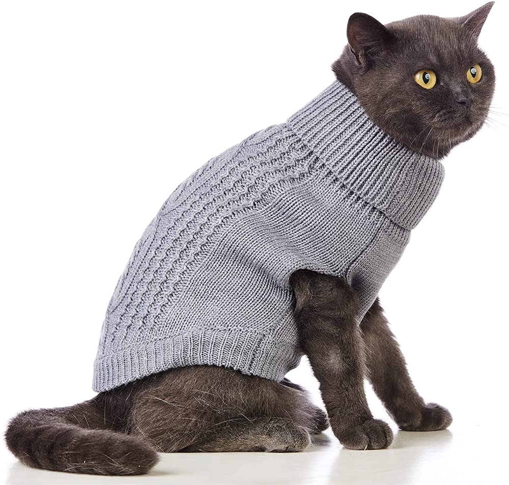 سويتر محبوك للقطط، سترة محبوكة برقبة دائرية مطوية بدون أكمام، ملابس تدفئة شتوية للقطط أو الكلاب الصغيرة في موسم البرد، مقاس L