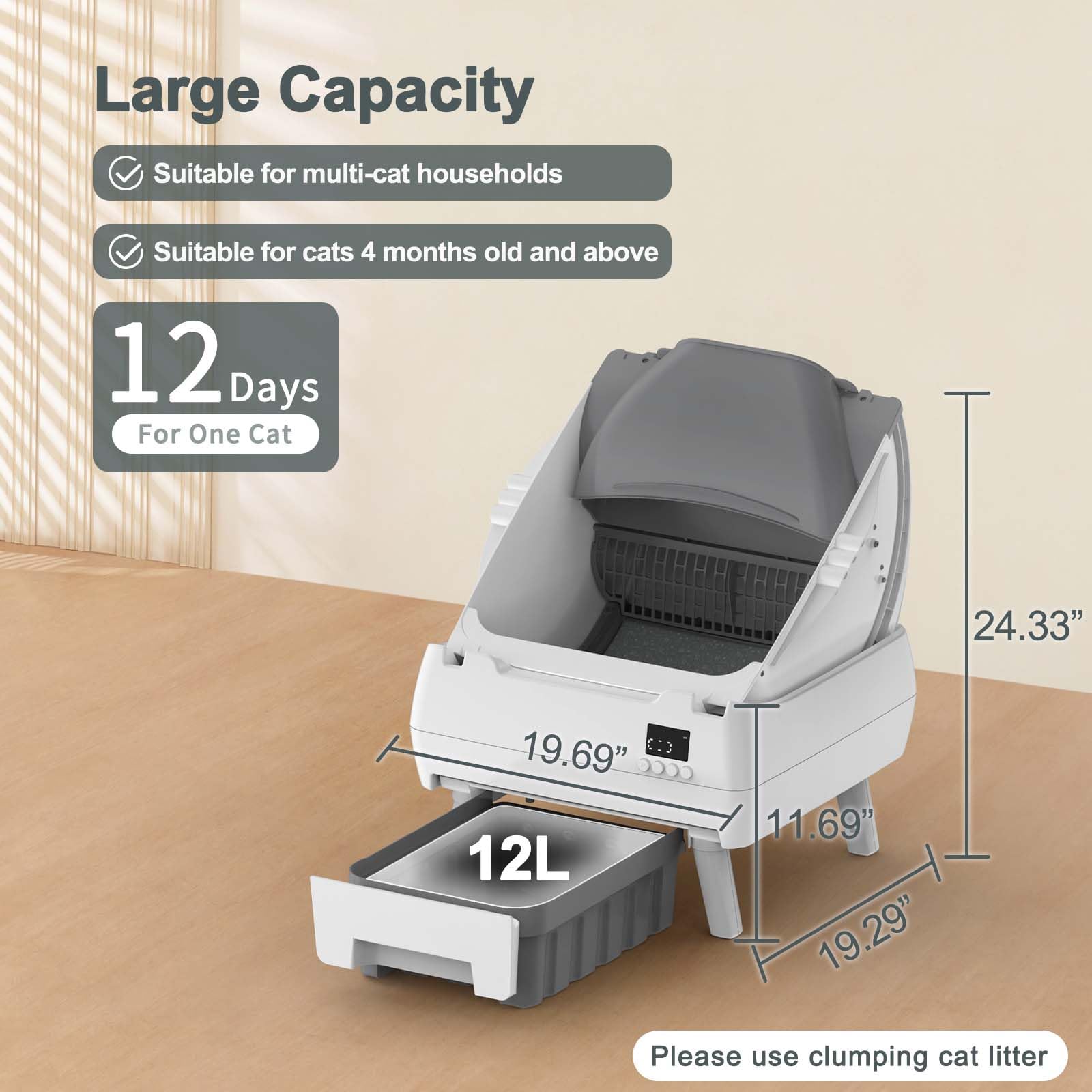 صندوق فضلات القطط التلقائي ذاتي التنظيف - تحكم عن طريق التطبيق، تصميم مفتوح، مراقب صحة ذكي، أمان مضاد للقرص، تشغيل هادئ، مثالي للقطط، رفيق موثوق به مدى الحياة
