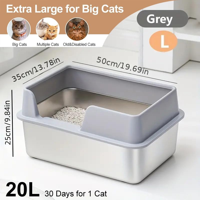 صندوق فضلات القطط من فولاذ مقاوم للصدأ، صندوق معدني كبير مغطى بجدران عالية، غير لاصق وخالٍ من الرائحة بتصميم مانع للتسرب، يتضمن مغرفة - مناسب للقطط الكبيرة