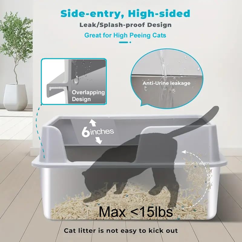 صندوق فضلات القطط من فولاذ مقاوم للصدأ، صندوق معدني كبير مغطى بجدران عالية، غير لاصق وخالٍ من الرائحة بتصميم مانع للتسرب، يتضمن مغرفة - مناسب للقطط الكبيرة