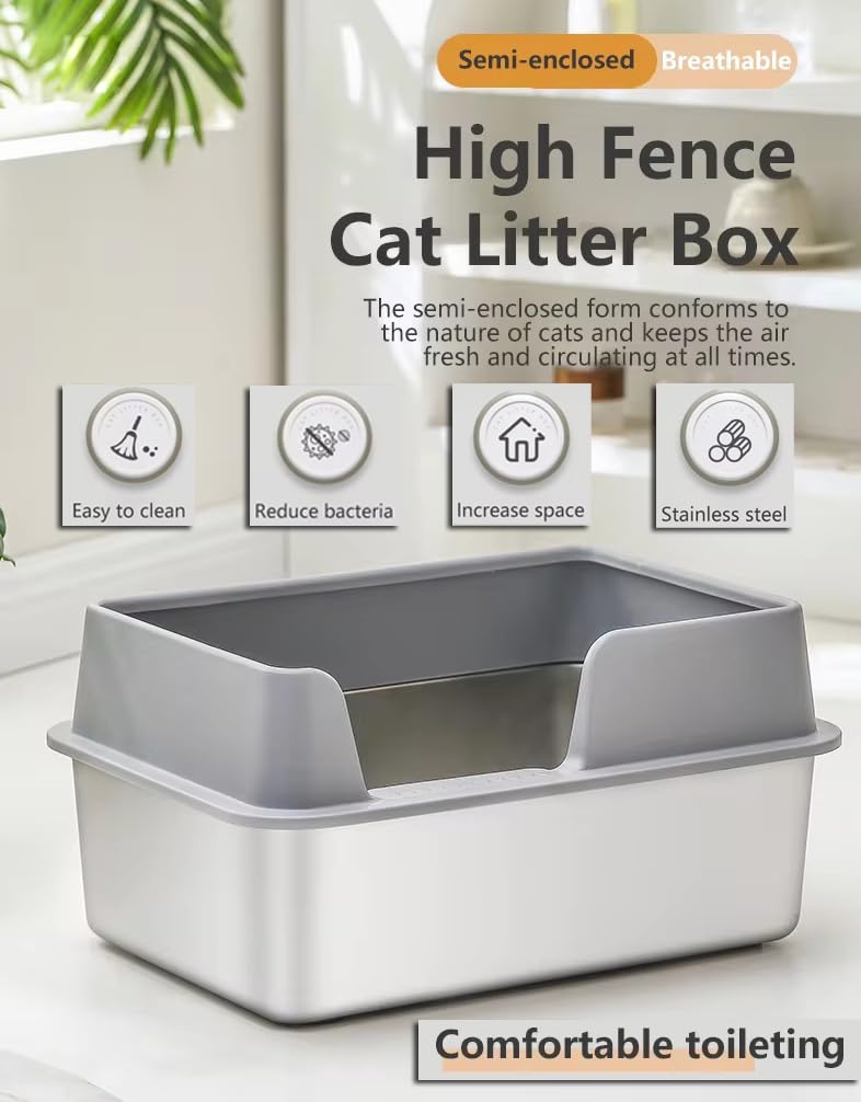 صندوق فضلات القطط من فولاذ مقاوم للصدأ، صندوق معدني كبير مغطى بجدران عالية، غير لاصق وخالٍ من الرائحة بتصميم مانع للتسرب، يتضمن مغرفة - مناسب للقطط الكبيرة