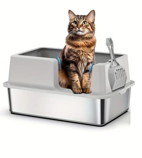 صندوق فضلات القطط من فولاذ مقاوم للصدأ، صندوق معدني كبير مغطى بجدران عالية، غير لاصق وخالٍ من الرائحة بتصميم مانع للتسرب، يتضمن مغرفة - مناسب للقطط الكبيرة