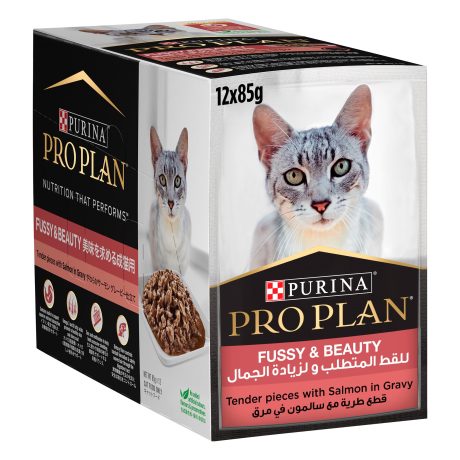 طعام رطب للقطط برو بلان فوسي اند بيوتي مع السلمون من بيورينا، 85 جم