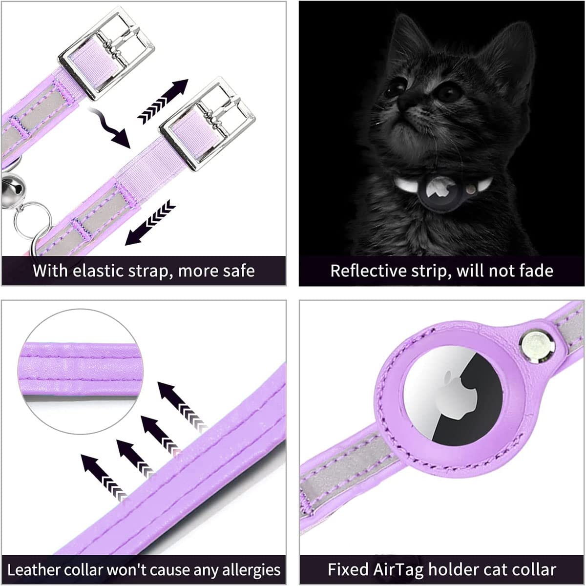 طوق قطط اير تاج عاكس من الجلد لجهاز تتبع نظام تحديد المواقع جي بي اس من اجوملوكس، لون ارجواني، مقاس S