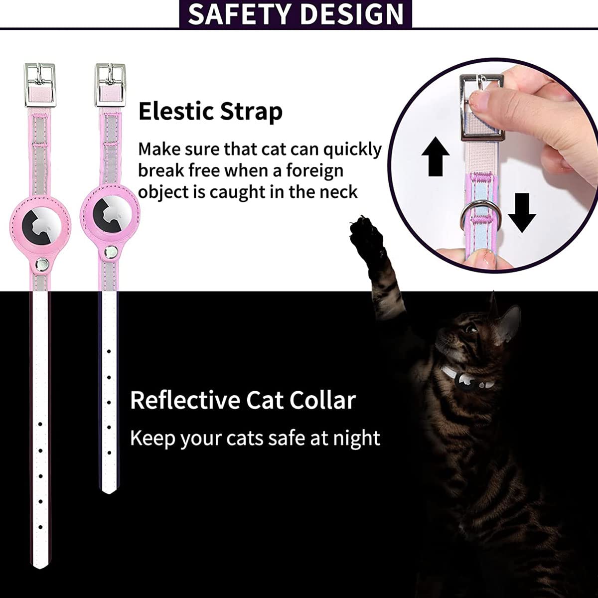 طوق قطط اير تاج عاكس من الجلد لجهاز تتبع نظام تحديد المواقع الجغرافية من اجوملوكس، طوق مدمج قابل للتعديل، اسود، مقاس S